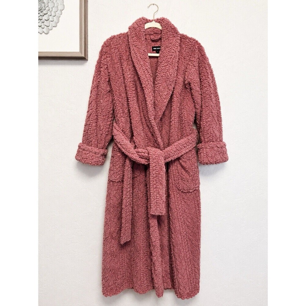 Room Service Women’s Pink Solid Wrap Robe, Belted Tie, Collared Long Sleeve S
